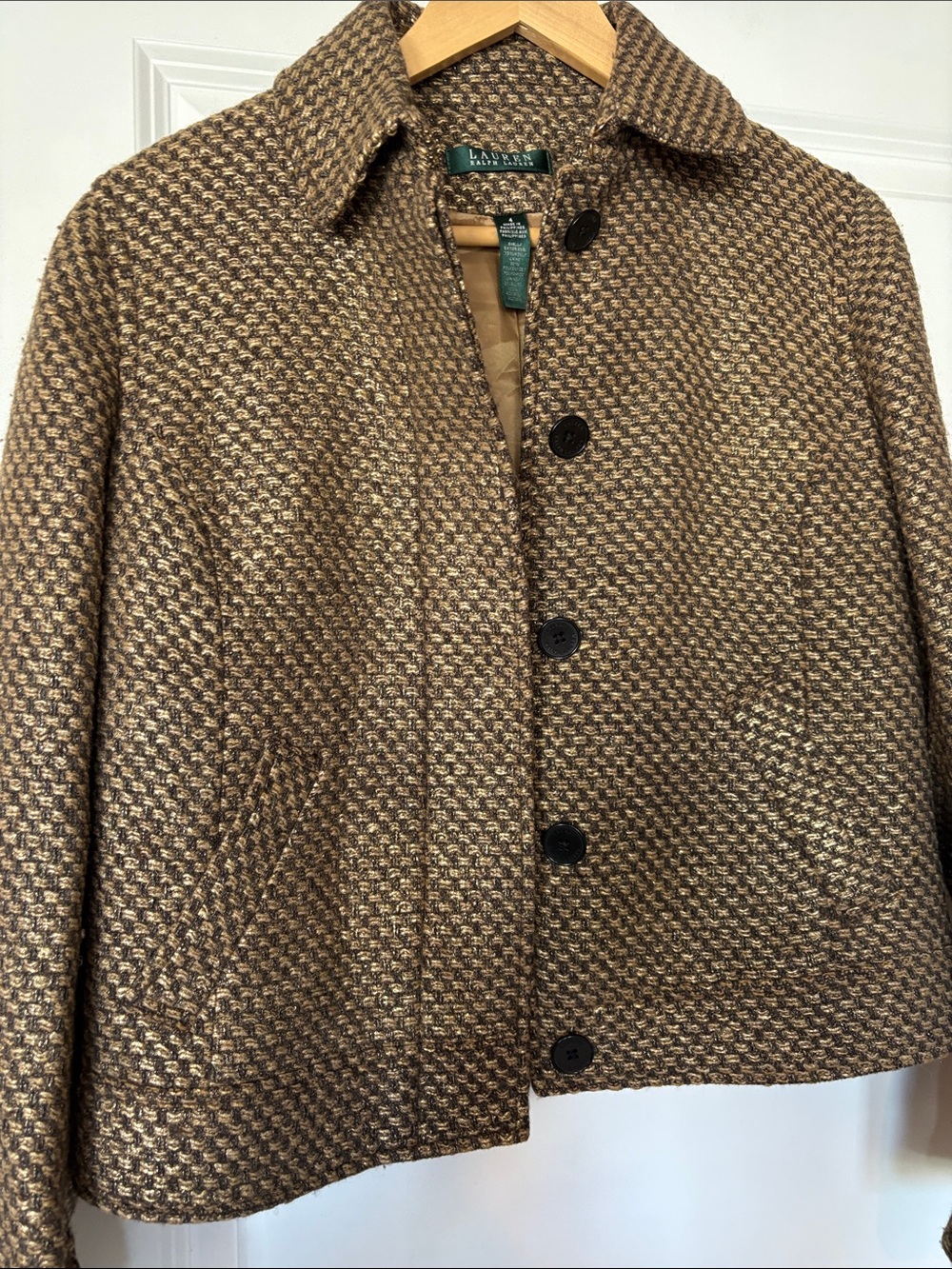 Lauren Ralph Lauren Brown Tweed Cropped Button Jacket - Picture 4 of 7